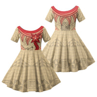Tonga Language Week Family Matching Off Shoulder Short Dress and Hawaiian Shirt Tribal Cross Ngatu Floral Pattern DT05 Daughter's Dress Red - Polynesian Pride