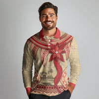 Tonga Language Week Long Sleeve Polo Shirt Tribal Cross Ngatu Floral Pattern
