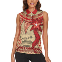 Tonga Language Week Women Sleeveless Polo Shirt Tribal Cross Ngatu Floral Pattern