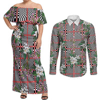 Red Binakol Motifs With Jasminum Sambac Couples Matching Off Shoulder Maxi Dress and Long Sleeve Button Shirt Mabuhay Philippines Festival