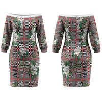 Red Binakol Motifs With Jasminum Sambac Couples Matching Off The Shoulder Long Sleeve Dress and Hawaiian Shirt Mabuhay Philippines Festival