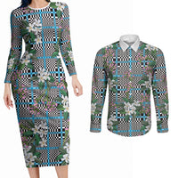 Blue Binakol Motifs With Jasminum Sambac Couples Matching Long Sleeve Bodycon Dress and Long Sleeve Button Shirt Mabuhay Philippines Festival