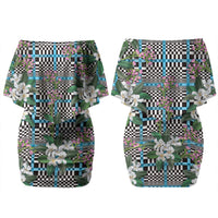 Blue Binakol Motifs With Jasminum Sambac Couples Matching Off Shoulder Short Dress and Hawaiian Shirt Mabuhay Philippines Festival