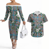 Blue Binakol Motifs With Jasminum Sambac Couples Matching Off The Shoulder Long Sleeve Dress and Hawaiian Shirt Mabuhay Philippines Festival