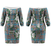 Blue Binakol Motifs With Jasminum Sambac Couples Matching Off The Shoulder Long Sleeve Dress and Hawaiian Shirt Mabuhay Philippines Festival