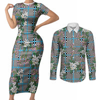 Blue Binakol Motifs With Jasminum Sambac Couples Matching Short Sleeve Bodycon Dress and Long Sleeve Button Shirt Mabuhay Philippines Festival