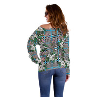 Blue Binakol Motifs With Jasminum Sambac Off Shoulder Sweater Mabuhay Philippines Festival