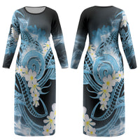 Piko Hawaiian Couples Matching Long Sleeve Bodycon Dress and Hawaiian Shirt Blue Galaxy Spiral Plumeria Tribal Patterns