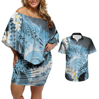 Piko Hawaiian Couples Matching Off Shoulder Short Dress and Hawaiian Shirt Blue Galaxy Spiral Plumeria Tribal Patterns