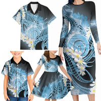 Piko Hawaiian Family Matching Long Sleeve Bodycon Dress and Hawaiian Shirt Blue Galaxy Spiral Plumeria Tribal Patterns