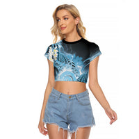 Piko Hawaiian Raglan Cropped T Shirt Blue Galaxy Spiral Plumeria Tribal Patterns