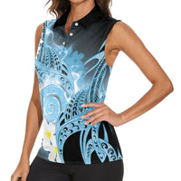 Piko Hawaiian Women Sleeveless Polo Shirt Blue Galaxy Spiral Plumeria Tribal Patterns