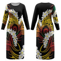 Piko Hawaiian Couples Matching Long Sleeve Bodycon Dress and Hawaiian Shirt Gradient Spiral Plumeria Tribal Patterns