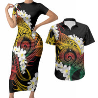 Piko Hawaiian Couples Matching Short Sleeve Bodycon Dress and Hawaiian Shirt Gradient Spiral Plumeria Tribal Patterns