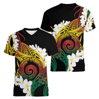 Piko Hawaiian Women V-Neck T-Shirt Gradient Spiral Plumeria Tribal Patterns