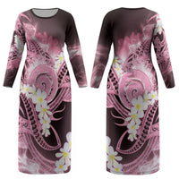 Piko Hawaiian Couples Matching Long Sleeve Bodycon Dress and Hawaiian Shirt Pink Galaxy Spiral Plumeria Tribal Patterns