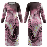 Piko Hawaiian Couples Matching Long Sleeve Bodycon Dress and Long Sleeve Button Shirt Pink Galaxy Spiral Plumeria Tribal Patterns