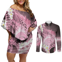 Piko Hawaiian Couples Matching Off Shoulder Short Dress and Long Sleeve Button Shirt Pink Galaxy Spiral Plumeria Tribal Patterns