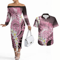 Piko Hawaiian Couples Matching Off The Shoulder Long Sleeve Dress and Hawaiian Shirt Pink Galaxy Spiral Plumeria Tribal Patterns