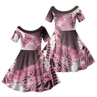 Piko Hawaiian Family Matching Off The Shoulder Long Sleeve Dress and Hawaiian Shirt Pink Galaxy Spiral Plumeria Tribal Patterns