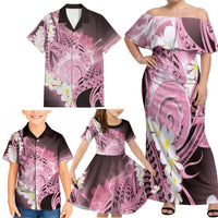 Piko Hawaiian Family Matching Off Shoulder Maxi Dress and Hawaiian Shirt Pink Galaxy Spiral Plumeria Tribal Patterns
