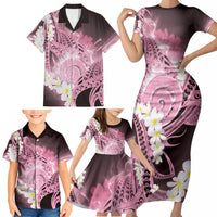 Piko Hawaiian Family Matching Short Sleeve Bodycon Dress and Hawaiian Shirt Pink Galaxy Spiral Plumeria Tribal Patterns