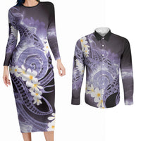 Piko Hawaiian Couples Matching Long Sleeve Bodycon Dress and Long Sleeve Button Shirt Purple Galaxy Spiral Plumeria Tribal Patterns
