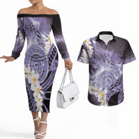 Piko Hawaiian Couples Matching Off The Shoulder Long Sleeve Dress and Hawaiian Shirt Purple Galaxy Spiral Plumeria Tribal Patterns