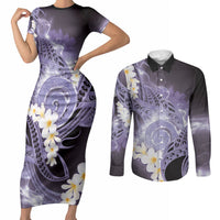 Piko Hawaiian Couples Matching Short Sleeve Bodycon Dress and Long Sleeve Button Shirt Purple Galaxy Spiral Plumeria Tribal Patterns