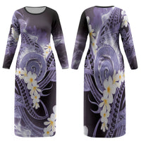Piko Hawaiian Family Matching Long Sleeve Bodycon Dress and Hawaiian Shirt Purple Galaxy Spiral Plumeria Tribal Patterns