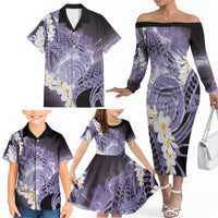 Piko Hawaiian Family Matching Off The Shoulder Long Sleeve Dress and Hawaiian Shirt Purple Galaxy Spiral Plumeria Tribal Patterns