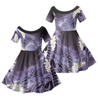 Piko Hawaiian Family Matching Off The Shoulder Long Sleeve Dress and Hawaiian Shirt Purple Galaxy Spiral Plumeria Tribal Patterns