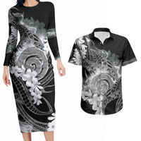 Piko Hawaiian Couples Matching Long Sleeve Bodycon Dress and Hawaiian Shirt Monochrome Galaxy Spiral Plumeria Tribal Patterns