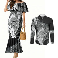 Piko Hawaiian Couples Matching Mermaid Dress and Long Sleeve Button Shirt Monochrome Galaxy Spiral Plumeria Tribal Patterns