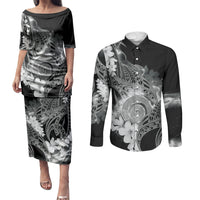 Piko Hawaiian Couples Matching Puletasi and Long Sleeve Button Shirt Monochrome Galaxy Spiral Plumeria Tribal Patterns