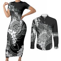 Piko Hawaiian Couples Matching Short Sleeve Bodycon Dress and Long Sleeve Button Shirt Monochrome Galaxy Spiral Plumeria Tribal Patterns