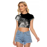 Piko Hawaiian Raglan Cropped T Shirt Monochrome Galaxy Spiral Plumeria Tribal Patterns