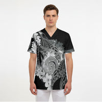 Piko Hawaiian Scrub Top Monochrome Galaxy Spiral Plumeria Tribal Patterns