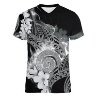 Piko Hawaiian Women V-Neck T-Shirt Monochrome Galaxy Spiral Plumeria Tribal Patterns