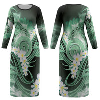 Piko Hawaiian Couples Matching Long Sleeve Bodycon Dress and Hawaiian Shirt Green Galaxy Spiral Plumeria Tribal Patterns