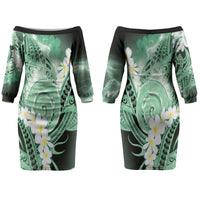 Piko Hawaiian Couples Matching Off The Shoulder Long Sleeve Dress and Hawaiian Shirt Green Galaxy Spiral Plumeria Tribal Patterns