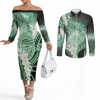 Piko Hawaiian Couples Matching Off The Shoulder Long Sleeve Dress and Long Sleeve Button Shirt Green Galaxy Spiral Plumeria Tribal Patterns