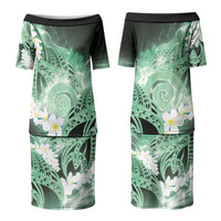 Piko Hawaiian Couples Matching Puletasi and Long Sleeve Button Shirt Green Galaxy Spiral Plumeria Tribal Patterns