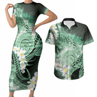Piko Hawaiian Couples Matching Short Sleeve Bodycon Dress and Hawaiian Shirt Green Galaxy Spiral Plumeria Tribal Patterns