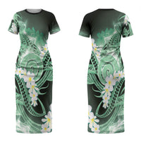 Piko Hawaiian Couples Matching Short Sleeve Bodycon Dress and Long Sleeve Button Shirt Green Galaxy Spiral Plumeria Tribal Patterns