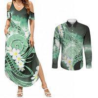 Piko Hawaiian Couples Matching Summer Maxi Dress and Long Sleeve Button Shirt Green Galaxy Spiral Plumeria Tribal Patterns
