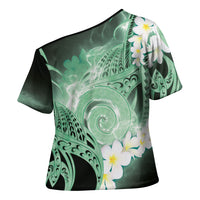 Piko Hawaiian Cross Shoulder Shirt Green Galaxy Spiral Plumeria Tribal Patterns
