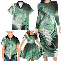 Piko Hawaiian Family Matching Long Sleeve Bodycon Dress and Hawaiian Shirt Green Galaxy Spiral Plumeria Tribal Patterns