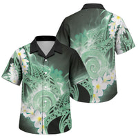 Piko Hawaiian Family Matching Long Sleeve Bodycon Dress and Hawaiian Shirt Green Galaxy Spiral Plumeria Tribal Patterns