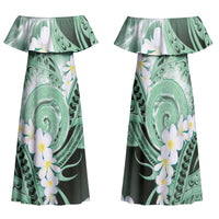 Piko Hawaiian Family Matching Off Shoulder Maxi Dress and Hawaiian Shirt Green Galaxy Spiral Plumeria Tribal Patterns